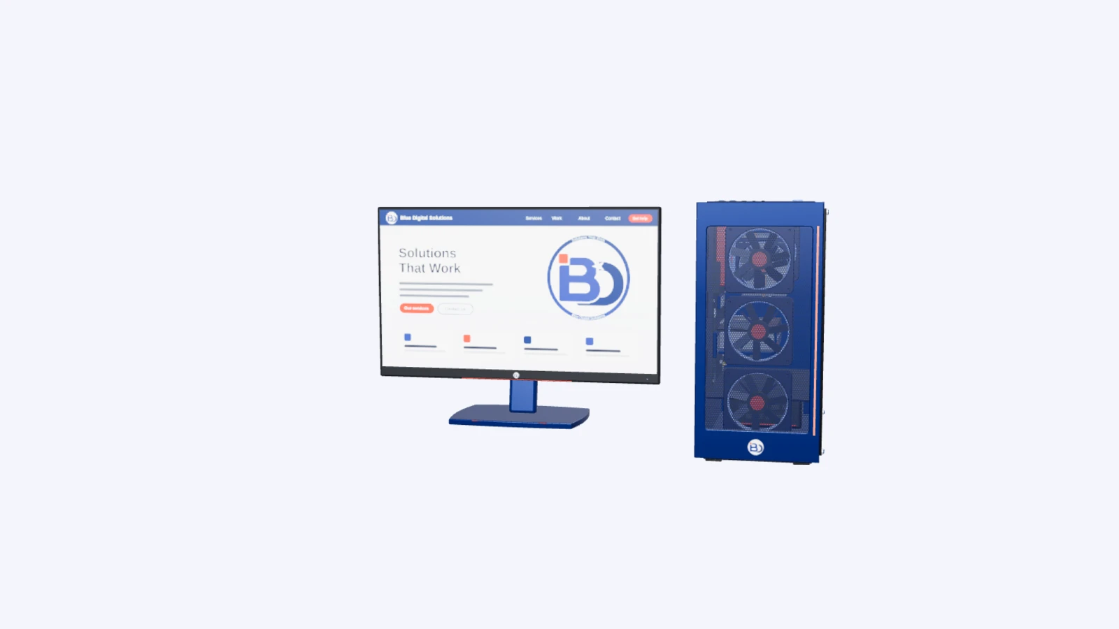 A Blue Digital computer: the monitor shows the Blue Digital logo beside a blue PC case with a glass side panel